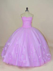 Lilac Tulle Lace Up Sweetheart Sleeveless Floor Length Sweet 16 Dress Hand Made Flower