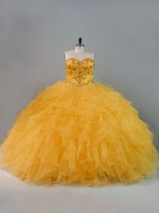 Gold Ball Gowns Tulle Sweetheart Sleeveless Beading and Ruffles Floor Length Lace Up Quinceanera Gown
