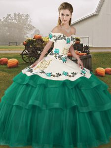 Turquoise Sleeveless Tulle Brush Train Lace Up Quinceanera Gowns for Military Ball and Sweet 16 and Quinceanera