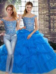 Blue Lace Up Off The Shoulder Beading and Pick Ups 15 Quinceanera Dress Tulle Sleeveless Brush Train