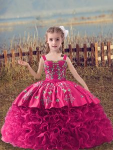 New Style Hot Pink Ball Gowns Embroidery Little Girls Pageant Gowns Lace Up Fabric With Rolling Flowers Sleeveless