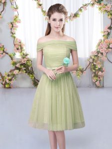 Knee Length Olive Green Dama Dress for Quinceanera Off The Shoulder Short Sleeves Lace Up