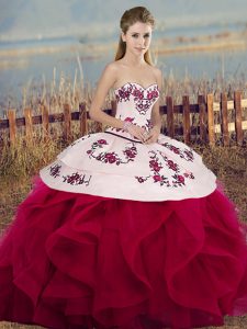 White And Red Lace Up Quinceanera Dresses Embroidery and Ruffles and Bowknot Sleeveless Floor Length