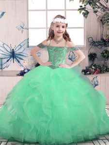 Fashion Apple Green Evening Gowns Party and Sweet 16 and Wedding Party with Beading and Ruffles Off The Shoulder Sleeveless Lace Up