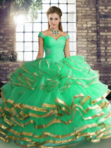 Glittering Turquoise Ball Gowns Tulle Off The Shoulder Sleeveless Beading and Ruffled Layers Floor Length Lace Up Sweet 16 Dresses