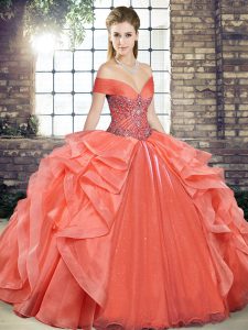 Flirting Orange Red Off The Shoulder Lace Up Beading and Ruffles Vestidos de Quinceanera Sleeveless