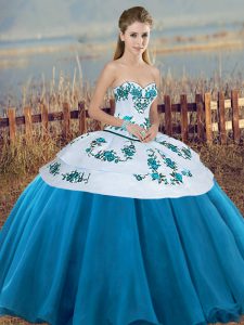 Blue And White Tulle Lace Up Sweetheart Sleeveless Floor Length Quinceanera Dresses Embroidery and Bowknot