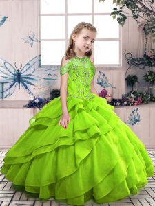 Organza Lace Up Little Girl Pageant Dress Sleeveless Floor Length Beading