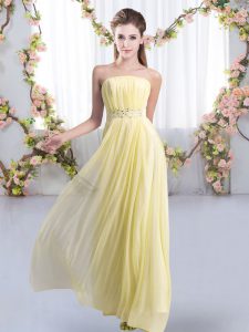 Extravagant Yellow Strapless Neckline Beading Dama Dress for Quinceanera Sleeveless Lace Up