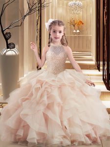 Hot Sale Pink Girls Pageant Dresses Party and Sweet 16 and Wedding Party with Beading High-neck Sleeveless Brush Train Lace Up