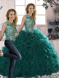 Peacock Green Scoop Neckline Beading and Ruffles Quinceanera Gowns Sleeveless Lace Up