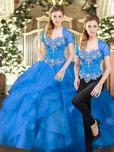 Blue Sweetheart Lace Up Beading and Ruffles Quinceanera Dresses Sleeveless