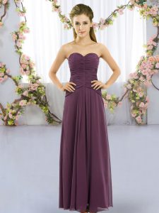 Floor Length Lace Up Quinceanera Court Dresses Dark Purple for Wedding Party with Ruching