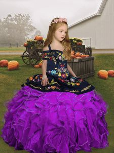 Sleeveless Organza Floor Length Lace Up Little Girl Pageant Gowns in Eggplant Purple and Purple with Embroidery and Ruffles