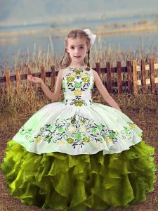 Olive Green Kids Formal Wear Wedding Party with Embroidery and Ruffles Scoop Sleeveless Lace Up