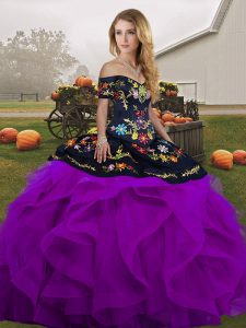 Embroidery and Ruffles 15th Birthday Dress Black And Purple Lace Up Sleeveless Floor Length
