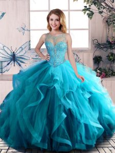 Aqua Blue Ball Gowns Beading and Ruffles Ball Gown Prom Dress Lace Up Tulle Sleeveless Floor Length