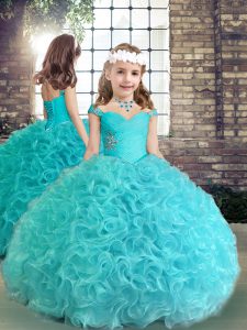 High End Aqua Blue Ball Gowns Fabric With Rolling Flowers Straps Sleeveless Beading and Ruching Floor Length Lace Up Little Girls Pageant Dress