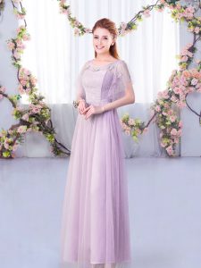 Hot Selling Floor Length Lavender Quinceanera Court of Honor Dress Scoop Short Sleeves Side Zipper