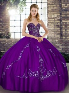 Graceful Floor Length Lace Up Quinceanera Dresses Purple for Military Ball and Sweet 16 and Quinceanera with Beading and Embroidery