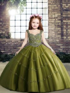 Pretty Olive Green Ball Gowns Straps Sleeveless Tulle Floor Length Lace Up Beading Kids Pageant Dress