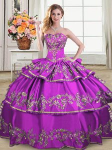 Sweet Sleeveless Organza Floor Length Lace Up Quinceanera Gown in Purple with Embroidery and Ruffled Layers
