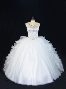 Graceful White Ball Gowns Beading Sweet 16 Dresses Lace Up Organza Sleeveless Floor Length