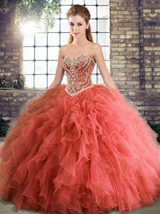 Sweetheart Sleeveless Lace Up 15 Quinceanera Dress Coral Red Tulle