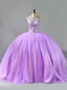 Fine Floor Length Lavender Ball Gown Prom Dress Tulle Sleeveless Beading
