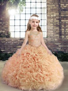 Beading Little Girls Pageant Gowns Peach Lace Up Sleeveless Floor Length