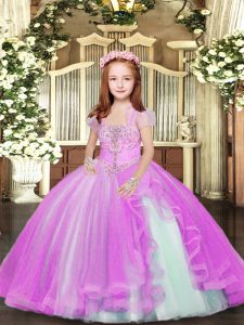 Straps Sleeveless Little Girl Pageant Dress Floor Length Beading Lilac Tulle