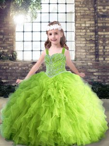 Ball Gowns Tulle Straps Sleeveless Beading and Ruffles Floor Length Lace Up Kids Formal Wear