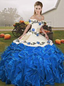 Pretty Sleeveless Floor Length Embroidery and Ruffles Lace Up Quinceanera Dress with Blue And White