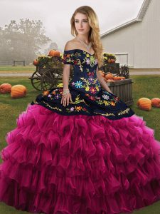 Cute Fuchsia Sleeveless Organza Lace Up Quinceanera Gowns for Military Ball and Sweet 16 and Quinceanera