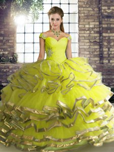 Tulle Off The Shoulder Sleeveless Lace Up Beading and Ruffled Layers 15th Birthday Dress in Yellow Green