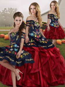 Classical Floor Length Red And Black Sweet 16 Dresses Organza Sleeveless Embroidery and Ruffles