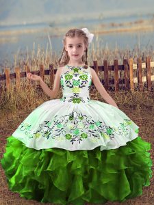 Green Ball Gowns Embroidery and Ruffles Little Girls Pageant Dress Lace Up Organza Sleeveless Floor Length