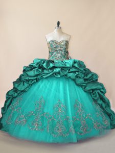 Turquoise Sweet 16 Quinceanera Dress Sweet 16 and Quinceanera with Beading and Pick Ups Sweetheart Sleeveless Brush Train Lace Up