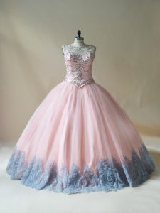 Pink Sleeveless Floor Length Beading and Appliques Lace Up 15 Quinceanera Dress