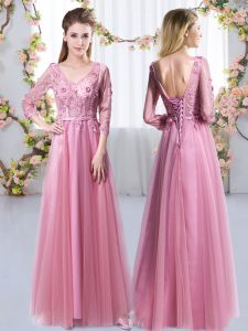 Floor Length Lace Up Quinceanera Court of Honor Dress Pink for Wedding Party with Lace and Appliques