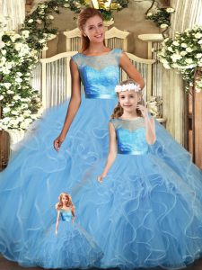 Fitting Floor Length Baby Blue Quinceanera Gown Scoop Sleeveless Backless