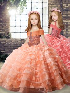Elegant Orange Organza Lace Up Little Girls Pageant Dress Long Sleeves Brush Train Beading and Ruffled Layers