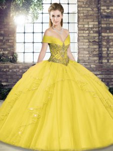 Edgy Gold Ball Gowns Off The Shoulder Sleeveless Tulle Floor Length Lace Up Beading and Ruffles Sweet 16 Dresses