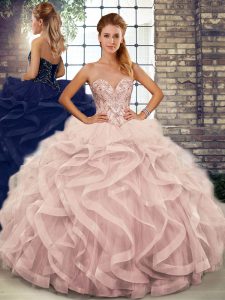 Glorious Pink Sweetheart Neckline Beading and Ruffles Quinceanera Dress Sleeveless Lace Up
