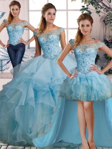 Light Blue Sleeveless Organza Lace Up Quinceanera Dress for Military Ball and Sweet 16 and Quinceanera