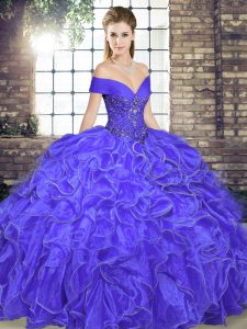 Lavender Organza Lace Up Off The Shoulder Sleeveless Floor Length Quince Ball Gowns Beading and Ruffles