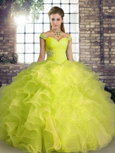 Off The Shoulder Sleeveless Organza 15th Birthday Dress Beading and Ruffles Lace Up