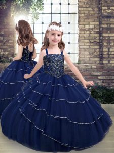 Navy Blue Sleeveless Tulle Lace Up Kids Formal Wear for Party and Military Ball and Wedding Party