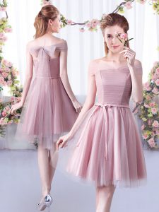 Cute Pink Sleeveless Knee Length Belt Lace Up Quinceanera Dama Dress