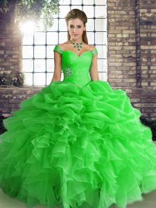 Modest Floor Length Green Quinceanera Dress Organza Sleeveless Beading and Ruffles and Pick Ups
